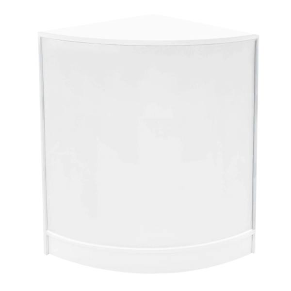 White corner shop counter with a sleek design, featuring smooth surfaces and a modern, minimalist aesthetic, ideal for retail displays