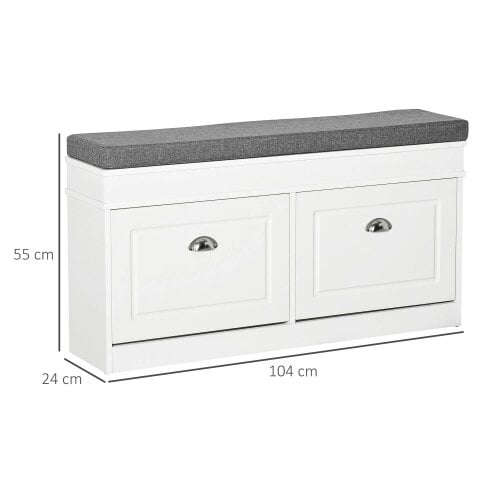Wyld Haus Nedola Wooden White Shoe Storage Bench With Cushioned Seat 2 Flip Drawers