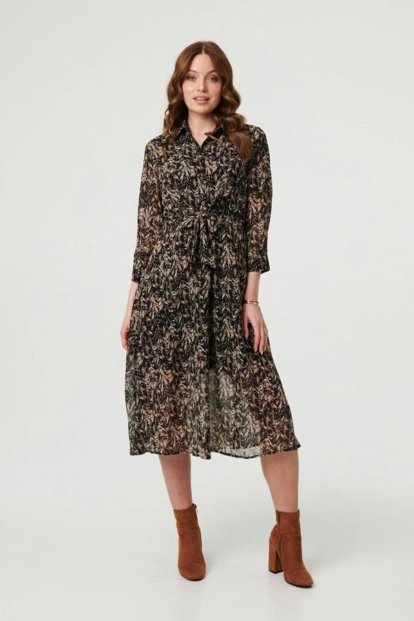 Black | Abstract Tie Waist Shirt Midi Dress
