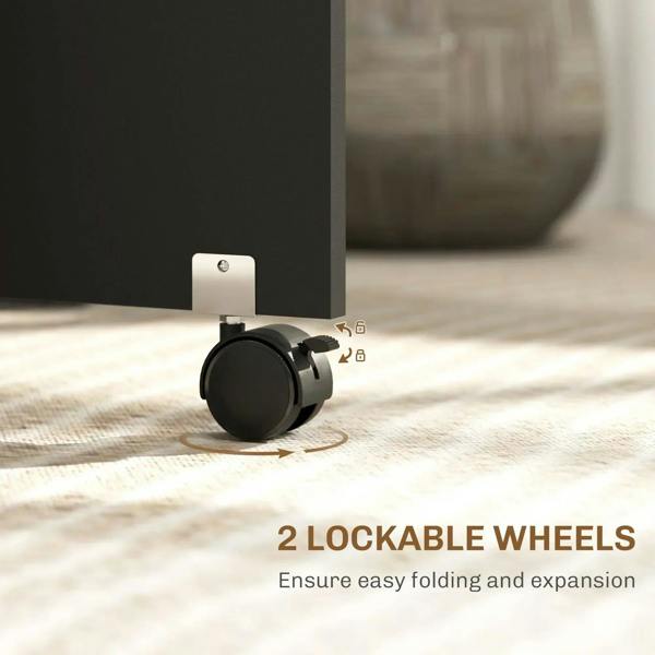 Black drop-leaf dining table with lockable caster wheel and foldable frame