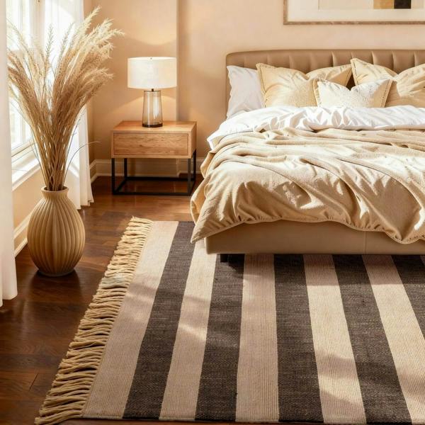 Handloom Jute Rug Natural White Black Fringed, Reversible, Striped Rug