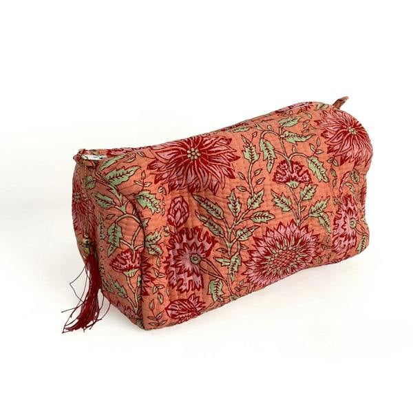 Hayley & Co Sunflower Block Print Cotton Washbag, Make Up Bag, Pencil Case with Waterproof Lining - Pink Sunflower Print