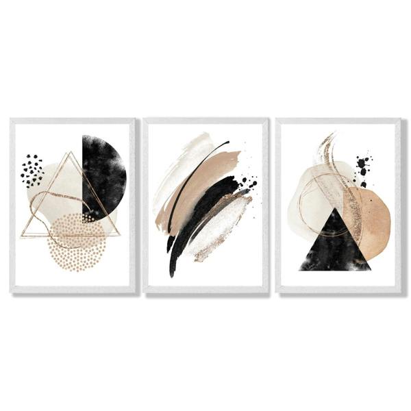 Artze Wall Art Abstract Black Beige Set of 3 Watercolour Shapes Framed Wall Art
