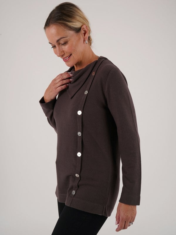 PennyPlain Button Split Cowl Neck Top - Dark Latte