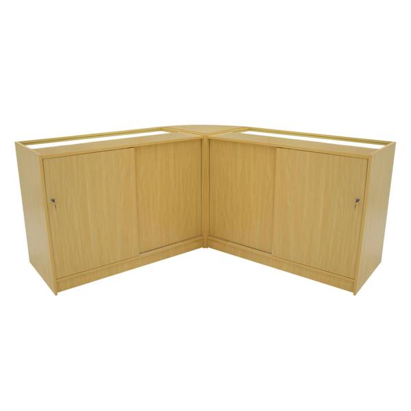 Adonis LED Shop Counter Set in maple finish, featuring a modern corner design with sleek lines and spacious storage cabinets