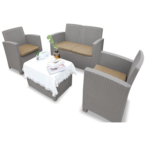 Homeology SANTANA 4 Piece PE Rattan 4-Seater with Cushions Garden Furniture and Coffee Table Set in Greige