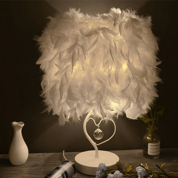 White Feather Table Lamp Bedside Nightstand Lamp with Heart Shape Base Table Lamps Living and Home
