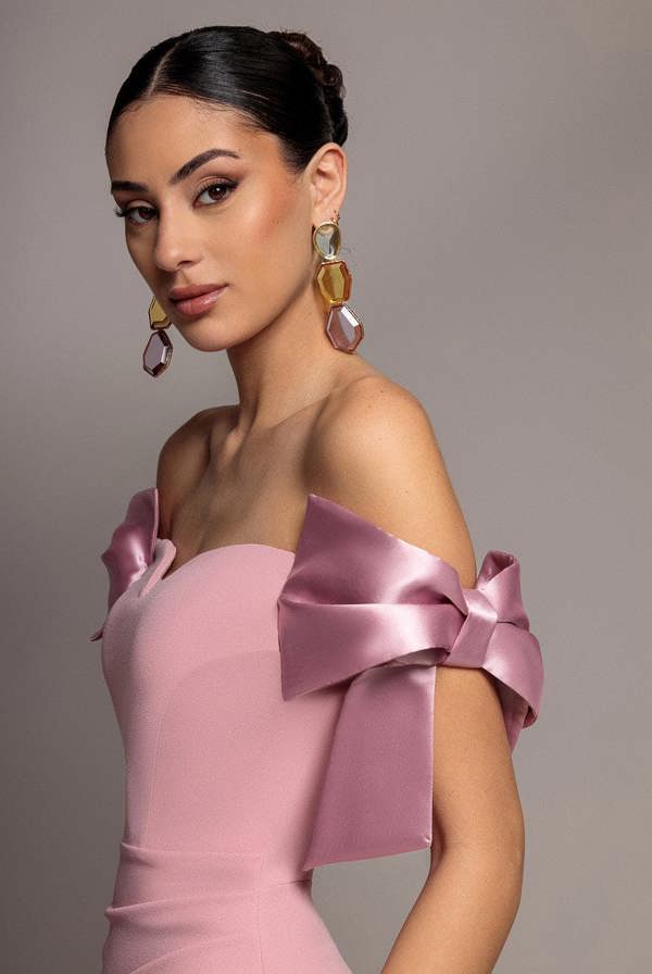Satin Bow Bardot Sheath Maxi Dress - Blush Pink DR4999