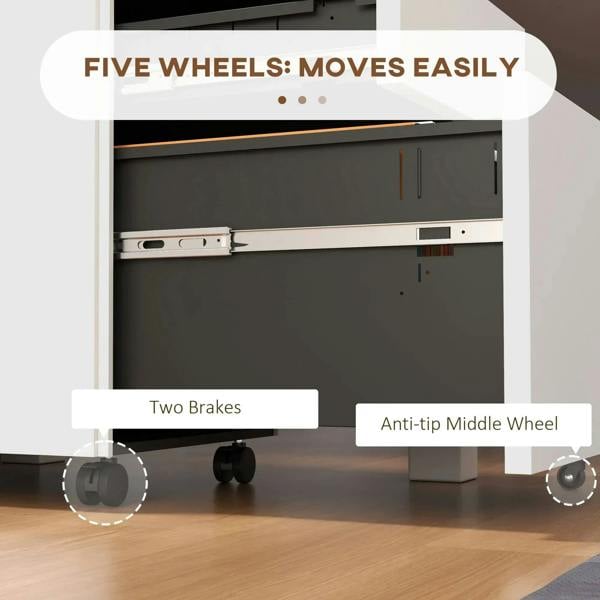 White mobile filing cabinet showing five wheels with two brake wheels