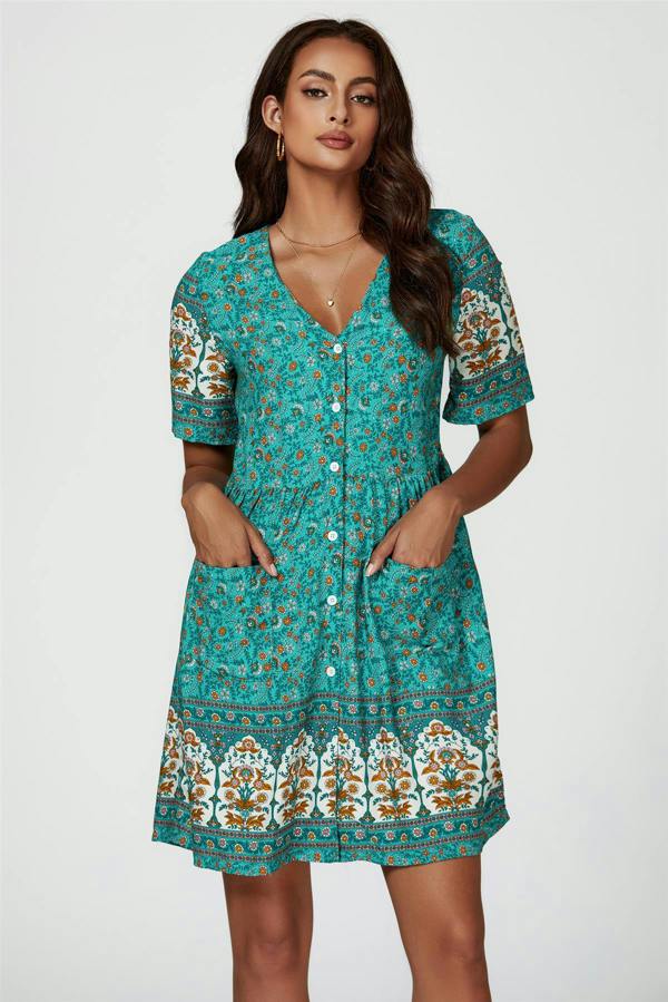FS Collection Print Boho Mini Dress In Green