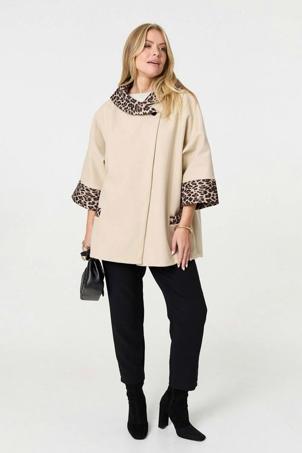 Cream | Animal Print Trim 3/4 Sleeve Cape Coat