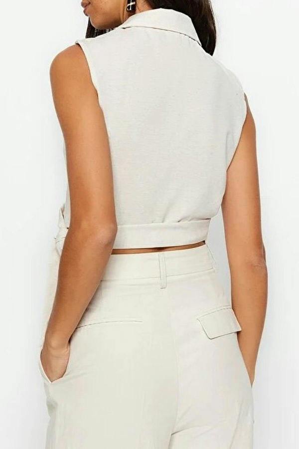 WOVCOR Tie-Up Crop Woven Linen-Look Blouse