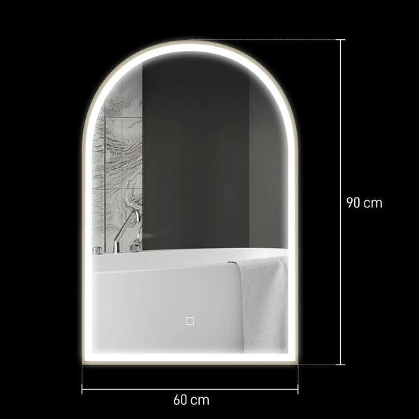 Bobobiy 90 x 60 cm Bathroom Mirror with LED Lights, Anti-Fog Arched Vanity Mirror with 3 Colour Dimmable, Gold Tone