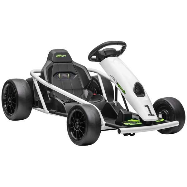 White kids electric drift go kart with black seat, steering wheel, four pneumatic tires