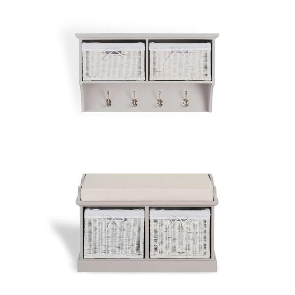 Statement Furniture Tetbury Bench with 2 White Wicker Baskets and Cushion Seat