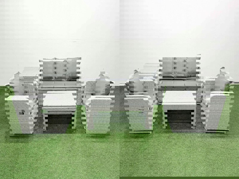 Fimous PE Rattan Garden Furniture Set Reclining Chair Sofa Lounge Sofa Set Rectangular Coffee Table Side Table Light Grey
