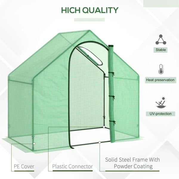 Green mini greenhouse with zipped door, PE cover, and powder-coated steel frame.