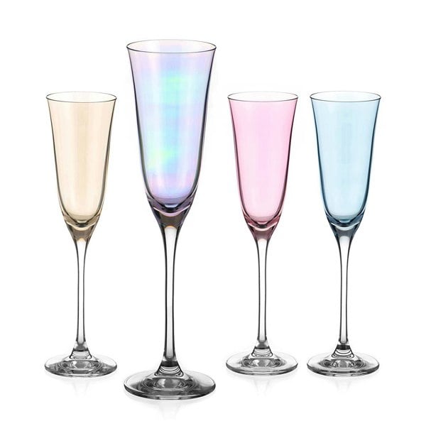 Diamante Lustre Coloured Champagne Flutes Glasses - Set of 4 - Amber, Violet, Pink & Sky