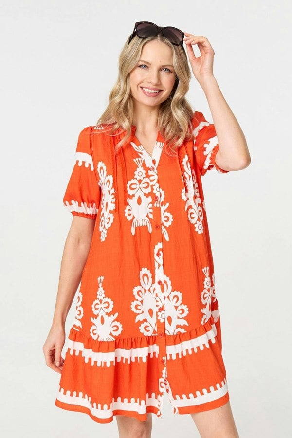 Orange | Printed Lace Trim Relaxed Short Shirt Dress : Model is 5'10"/178 cm and wears UK10/EU38/US6/AUS10