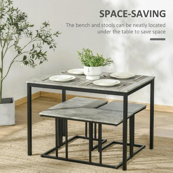 Grey concrete-effect dining table with bench and two stools for compact space