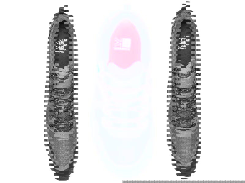 Karrimor Bodmin Low 6 Womens Waterproof Hiking Walking Trainers, top view of a lightweight blue and gray waterproof hiking shoe with laced closure and cushioned ankle collar.