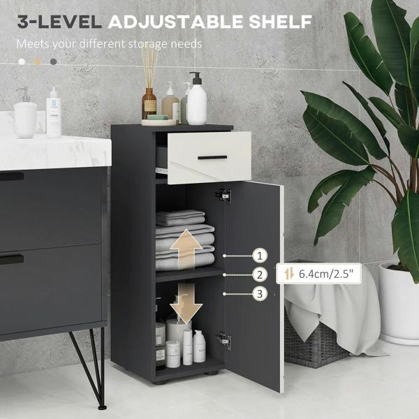Grey and white slim bathroom cabinet with door open to reveal adjustable shelves