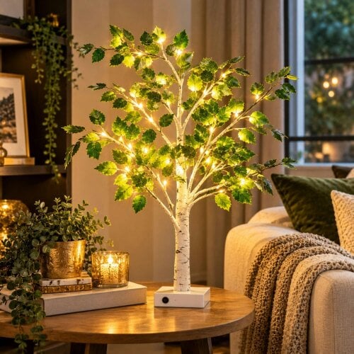 smartbies Birch Christmas Tree with Lights Table Top Tree With 24 Warm Lights