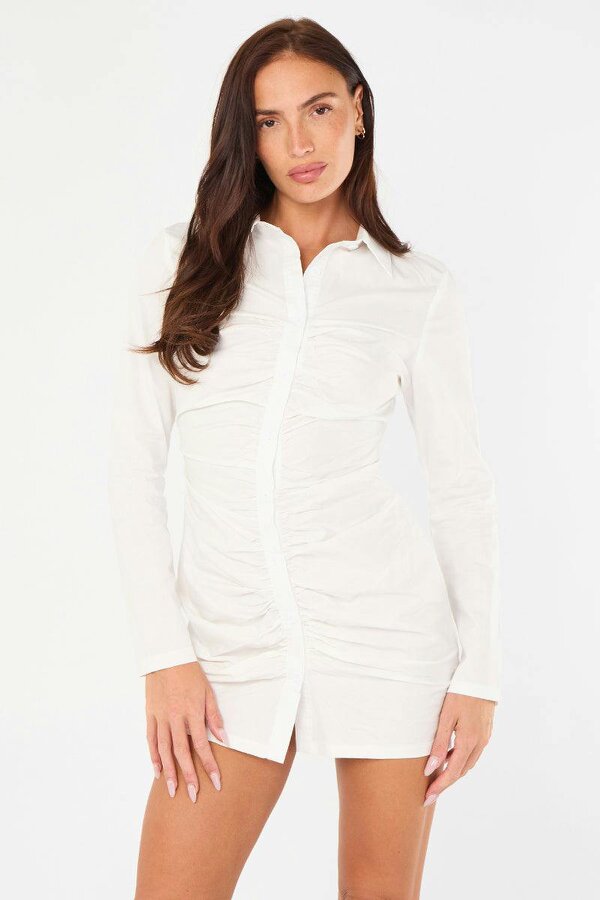 Ruched White Shirt Dress – Long Sleeve Button Fasten - White