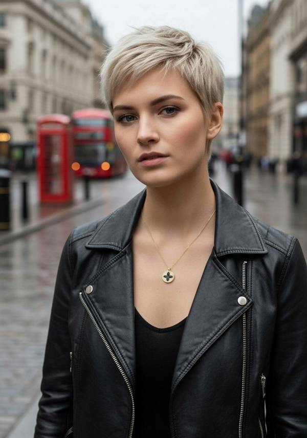 Woman with short blonde hair wearing a black leather jacket and gold pendant necklace on a city street.