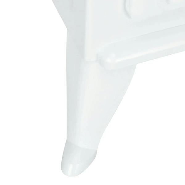 White foot and leg detail on a freestanding electric fireplace stove