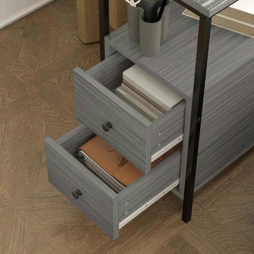 Wyld Haus Loto Wooden Grey Wood Effect Narrow Bedside Table With 2 Drawers And Top Shelf