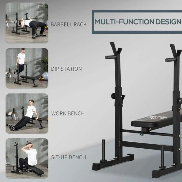 Black weight bench with upright barbell rack and multi-position station arms
