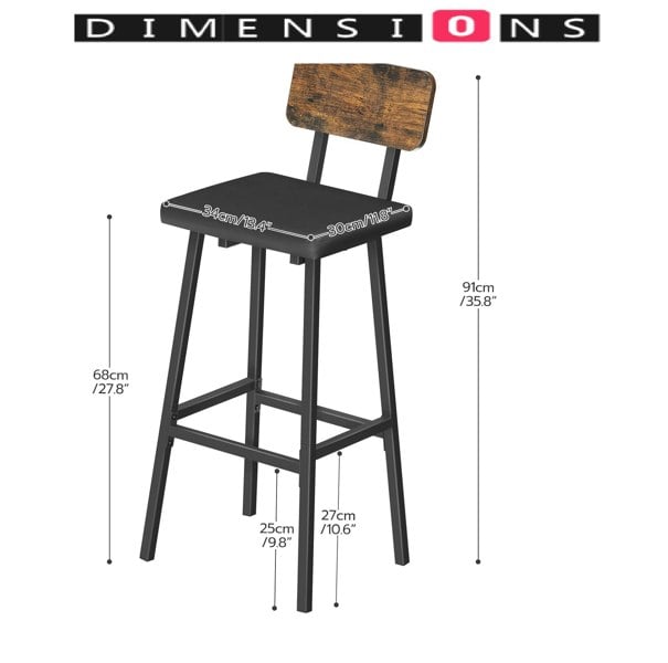 Modcraft Set of 2 Industrial PU Upholstered Bar Stools – Breakfast Bar Chairs with Backrest