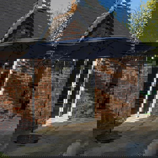 Samuel Alexander Outdoor 4 Person Round Glass Top Garden Dining Table Chairs With Blue Banana Parasol and Base Set