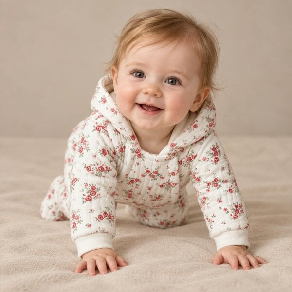 Mini Cuddles Rose-Print Pramsuit (White)