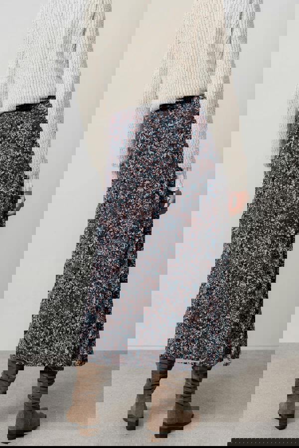 Lily & Me Lauren Floral Print Jersey Midi Skirt Chocolate