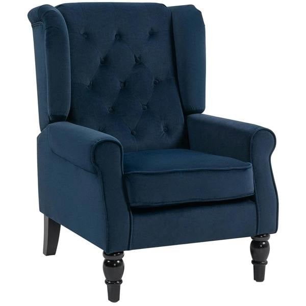Dark blue wingback accent chair, button-tufted back, padded arms, turned legs
