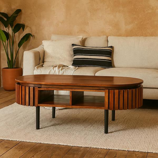 Wyld Haus Birmingham Slatted Mango Wood Rectangular Coffee Table with Storage Shelf