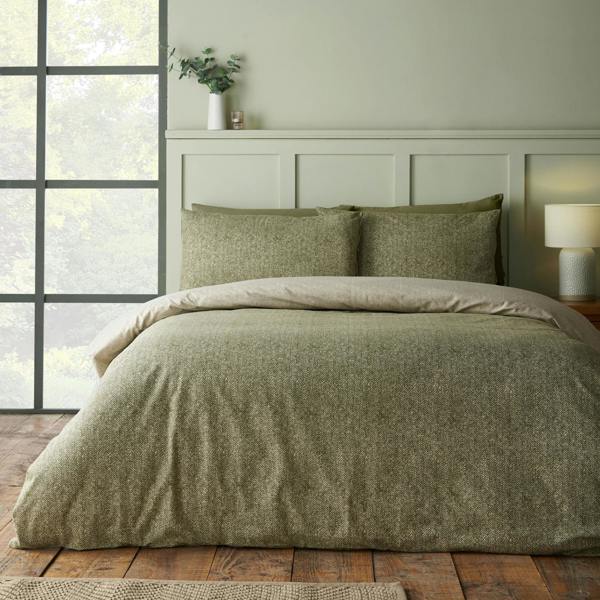Catherine Lansfield Brushed Herringbone Cotton Reversible Duvet Cover Set Green