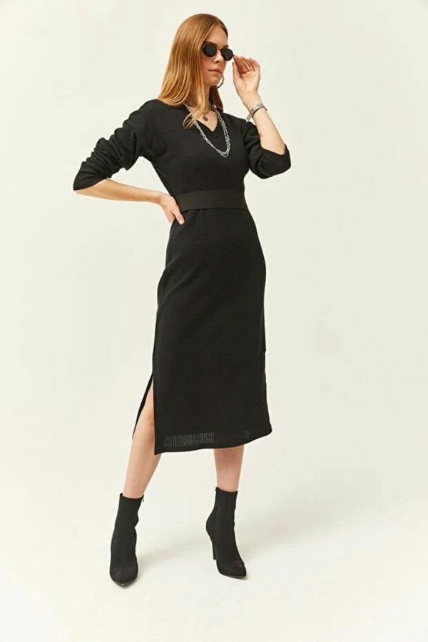 Hoxton Gal V-Neck Thick Ribbed Dress with Side Slit