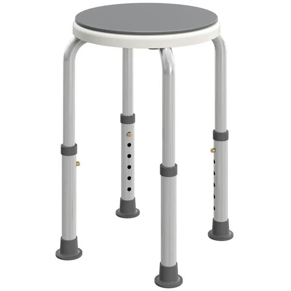 Grey height-adjustable shower stool with round seat and non-slip feet