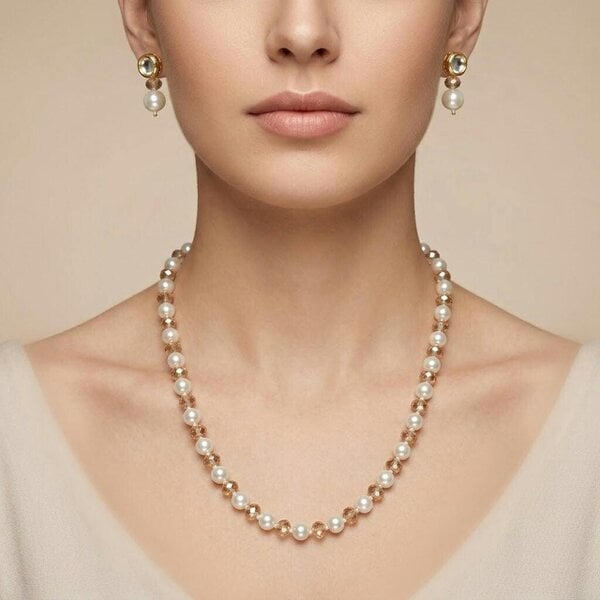 The Colourful Aura Pearl and Champagne Crystal Necklace and Earring Set in 18ct Gold Plate