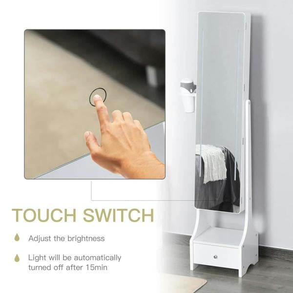 White mirror jewelry cabinet with LED lights and touch-control switch beside the full-length glass