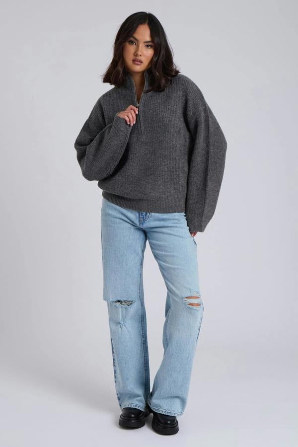 Urban Bliss Grey Ribbed Oversized Half Zip Jumper