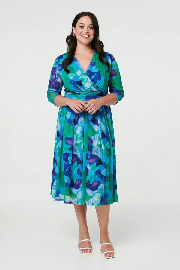 Blue | Curve Printed Pleated Wrap Midi Dress