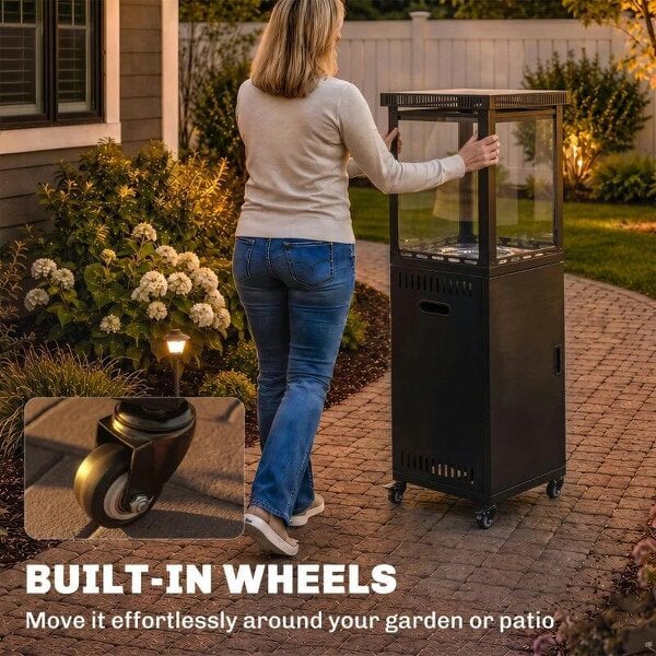 Bobobiy Gas Patio Heater, 13 kW Portable Propane Outdoor Heater with Stepless Heat Control, Tip-over Protection, 4 Wheels, Black