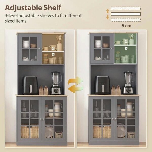 Kitchen Pantry, Buffet Hutch with 3 Storage Cabinets, 2 Open Shelves and Large Countertop for Kitchen, Grey