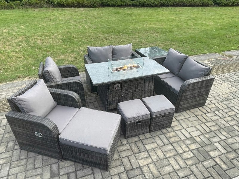 Fimous 9 Seater Rattan Garden Furniture Set Propane Gas Fire Pit Table and Sofa Chair set with 3 Footstool Side Table
