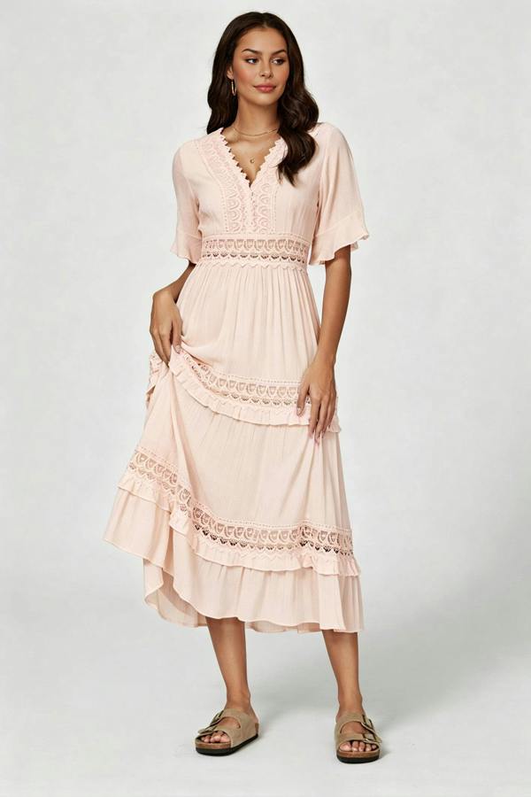 FS Collection V Neck Lace Detail Midi Dress In Soft Champagne