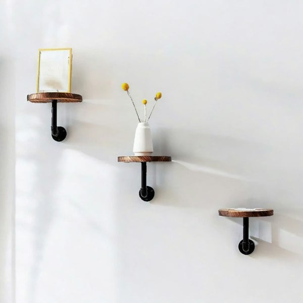 Rafaelo Mobilia Set Of 3 Wall Mounted Shelves Industrial Pipe Rustic Brown